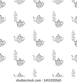 Seamless retro hand drawn teapots, great design for any purposes. Seamless pattern. Teapot hand drawn a pattern in Chinese style on white background. Retro typography. Kettle icon. Isolated vector.