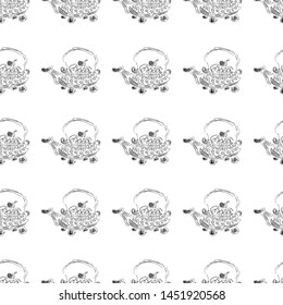 Seamless retro hand drawn teapots, great design for any purposes. Seamless pattern. Teapot hand drawn a pattern in Chinese style on white background. Retro typography. Kettle icon. Isolated vector.