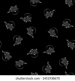 Seamless retro hand drawn teapots, great design for any purposes. Seamless pattern. Teapot hand drawn a pattern in Chinese style on black background. Retro typography. Kettle icon. Isolated vector.