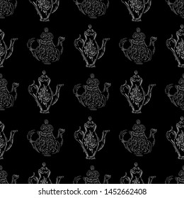 Seamless retro hand drawn teapots, great design for any purposes. Seamless pattern. Teapot hand drawn a pattern in Chinese style on black background. Retro typography. Kettle icon. Isolated vector.