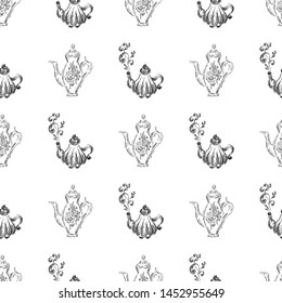 Seamless retro hand drawn teapots, great design for any purposes. Seamless pattern. Teapot hand drawn a pattern in Chinese style on white background. Retro typography. Kettle icon. Isolated vector.
