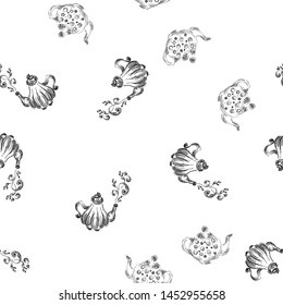 Seamless retro hand drawn teapots, great design for any purposes. Seamless pattern. Teapot hand drawn a pattern in Chinese style on white background. Retro typography. Kettle icon. Isolated vector.