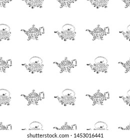 Seamless retro hand drawn teapots, great design for any purposes. Seamless pattern. Teapot hand drawn a pattern in Chinese style on white background. Retro typography. Kettle icon. Isolated vector.