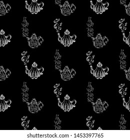 Seamless retro hand drawn teapots, great design for any purposes. Seamless pattern. Teapot hand drawn a pattern in Chinese style on black background. Retro typography. Kettle icon. Isolated vector.