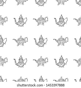 Seamless retro hand drawn teapots, great design for any purposes. Seamless pattern. Teapot hand drawn a pattern in Chinese style on white background. Retro typography. Kettle icon. Isolated vector.