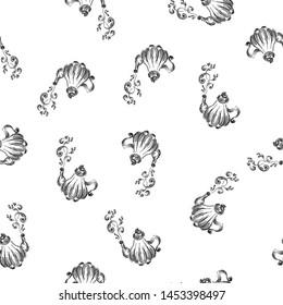 Seamless retro hand drawn teapots, great design for any purposes. Seamless pattern. Teapot hand drawn a pattern in Chinese style on white background. Retro typography. Kettle icon. Isolated vector.