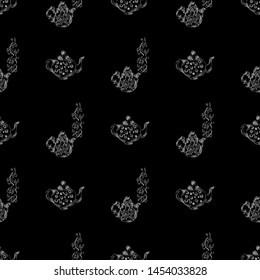 Seamless retro hand drawn teapots, great design for any purposes. Seamless pattern. Teapot hand drawn a pattern in Chinese style on black background. Retro typography. Kettle icon. Isolated vector.