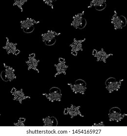 Seamless retro hand drawn teapots, great design for any purposes. Seamless pattern. Teapot hand drawn a pattern in Chinese style on black background. Retro typography. Kettle icon. Isolated vector.