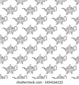 Seamless retro hand drawn teapots, great design for any purposes. Seamless pattern. Teapot hand drawn a pattern in Chinese style on white background. Retro typography. Kettle icon. Isolated vector.