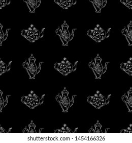 Seamless retro hand drawn teapots, great design for any purposes. Seamless pattern. Teapot hand drawn a pattern in Chinese style on black background. Retro typography. Kettle icon. Isolated vector.