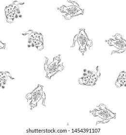 Seamless retro hand drawn teapots, great design for any purposes. Seamless pattern. Teapot hand drawn a pattern in Chinese style on white background. Retro typography. Kettle icon. Isolated vector.