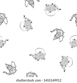 Seamless retro hand drawn teapots, great design for any purposes. Seamless pattern. Teapot hand drawn a pattern in Chinese style on white background. Retro typography. Kettle icon. Isolated vector.