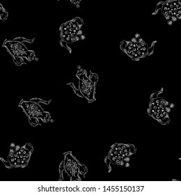Seamless retro hand drawn teapots, great design for any purposes. Seamless pattern. Teapot hand drawn a pattern in Chinese style on black background. Retro typography. Kettle icon. Isolated vector.