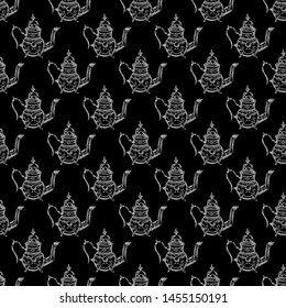 Seamless retro hand drawn teapots, great design for any purposes. Seamless pattern. Teapot hand drawn a pattern in Chinese style on black background. Retro typography. Kettle icon. Isolated vector.