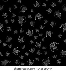 Seamless retro hand drawn teapots, great design for any purposes. Seamless pattern. Teapot hand drawn a pattern in Chinese style on black background. Retro typography. Kettle icon. Isolated vector.
