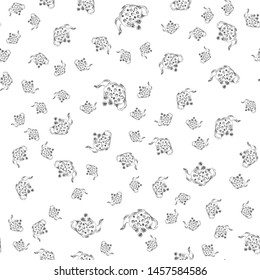 Seamless retro hand drawn teapots, great design for any purposes. Seamless pattern. Teapot hand drawn a pattern in Chinese style on white background. Retro typography. Kettle icon. Isolated vector.