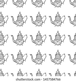Seamless retro hand drawn teapots, great design for any purposes. Seamless pattern. Teapot hand drawn a pattern in Chinese style on white background. Retro typography. Kettle icon. Isolated vector.