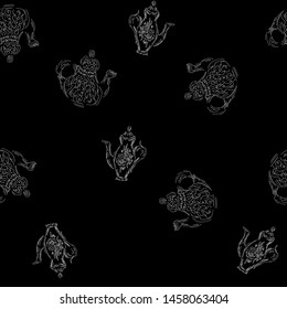 Seamless retro hand drawn teapots, great design for any purposes. Seamless pattern. Teapot hand drawn a pattern in Chinese style on black background. Retro typography. Kettle icon. Isolated vector.