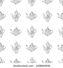 Seamless retro hand drawn teapots, great design for any purposes. Seamless pattern. Teapot hand drawn a pattern in Chinese style on white background. Retro typography. Kettle icon. Isolated vector.