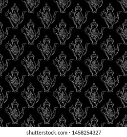 Seamless retro hand drawn teapots, great design for any purposes. Seamless pattern. Teapot hand drawn a pattern in Chinese style on black background. Retro typography. Kettle icon. Isolated vector.