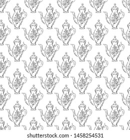 Seamless retro hand drawn teapots, great design for any purposes. Seamless pattern. Teapot hand drawn a pattern in Chinese style on white background. Retro typography. Kettle icon. Isolated vector.