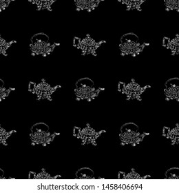 Seamless retro hand drawn teapots, great design for any purposes. Seamless pattern. Teapot hand drawn a pattern in Chinese style on black background. Retro typography. Kettle icon. Isolated vector.