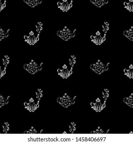 Seamless retro hand drawn teapots, great design for any purposes. Seamless pattern. Teapot hand drawn a pattern in Chinese style on black background. Retro typography. Kettle icon. Isolated vector.