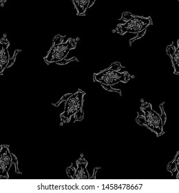 Seamless retro hand drawn teapots, great design for any purposes. Seamless pattern. Teapot hand drawn a pattern in Chinese style on black background. Retro typography. Kettle icon. Isolated vector.