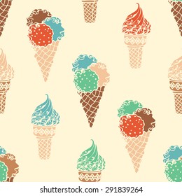 Seamless retro ice-cream pattern. Ice-cream cones on light background. Vector boundless background. Can be used for children wallpapers, web site background or wrapping paper.