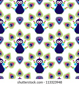 Seamless retro india exotic peacock kids background pattern in vector