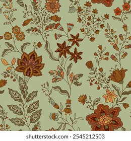 Seamless retro inspired floral pattern with muted tones and detailed botanical art. Ideal vector illustration for textiles and wallpapers.