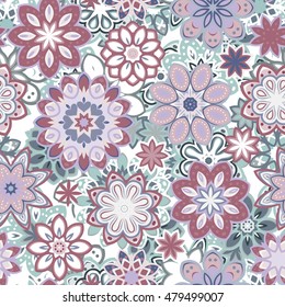 Seamless retro kaleidoscope flower background pattern. Vector. Lilac