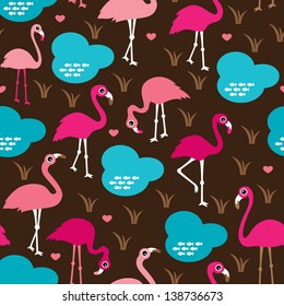 Seamless retro kids flamingo bird illustration decorative background pattern in vector