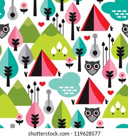 Seamless retro kids nature camping trip and owl background pattern in vector