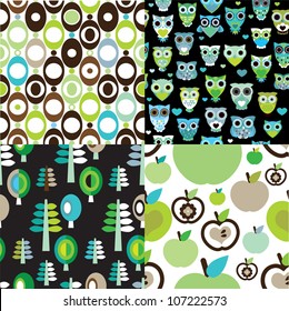 Seamless retro kids owl apple background pattern in vector