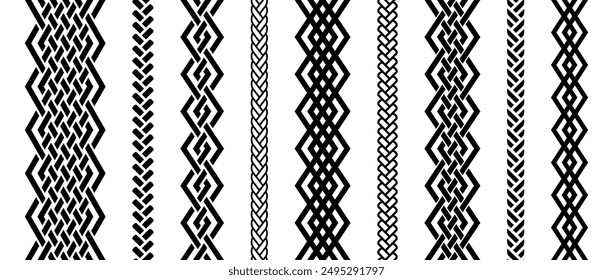 Seamless retro knot border set. Black repeating celtic divider or separator collection. Braid rope ornament motif pattern for banner, poster, frame. weaving design element bundle. Vector pack