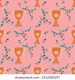 Seamless Retro Linocut Pattern for Back to School Theme Featuring Winner's Cup, Garlands, Flags, and Success. Orange, Blue, and Pink Colors. Groovy, Colorful, Playful Design with Positive, Joyful