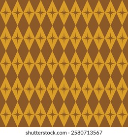 Seamless retro mid-century pattern with orange diamonds and stars on brown background