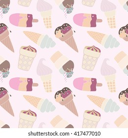 Seamless retro multicolor ice-cream pattern. Ice-cream cones on light background. Can be used for children wallpapers, web site background or wrapping paper. Vector illustration.