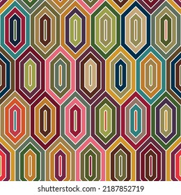 Seamless retro multicolored pattern with striped diamond shape elements on white background. Geometric decorative shapes. Vintage style texture for textile, wrapping, and graphic projects.