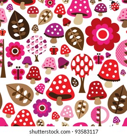 Seamless retro mushroom autumn butterfly pattern with tree illustration in vector