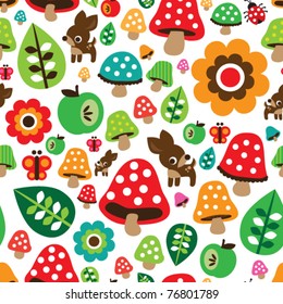 Seamless retro mushroom autumn deer pattern with apple illustration in vector