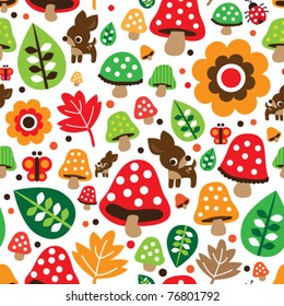 Seamless retro mushroom autumn deer pattern illustration in vector