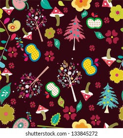 Seamless retro mushroom autumn pattern illustration in vector