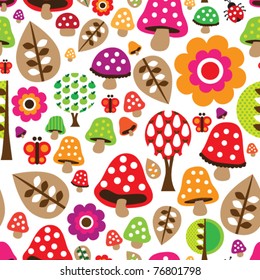 Seamless retro mushroom flower autumn pattern illustration in vector