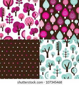 Seamless retro nature tree pattern set background in vector
