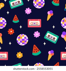 Seamless Retro Party Pattern with Cassette Tapes, Disco Balls, and Ice Cream on Dark Background