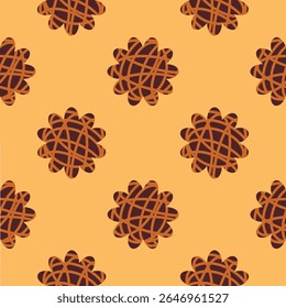 Seamless retro pattern. Abstract flower shapes in dark brown with overlapping orange crisscross lines on a warm tan background. Vintage dessert chocolate packaging with caramel drizzle. EPS 10.