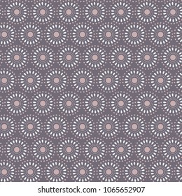 Seamless retro pattern of abstract geometric, circle mandala design with mauve, pink and white ornamental elements