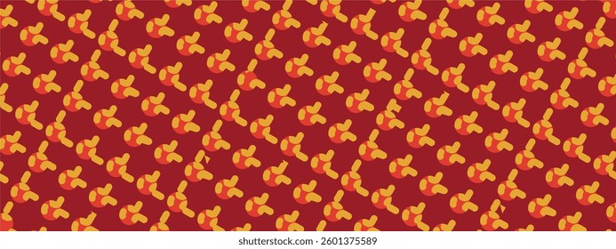 A seamless retro pattern with abstract, organic shapes in warm yellow and red tones, arranged diagonally for a dynamic mid-century modern feel.